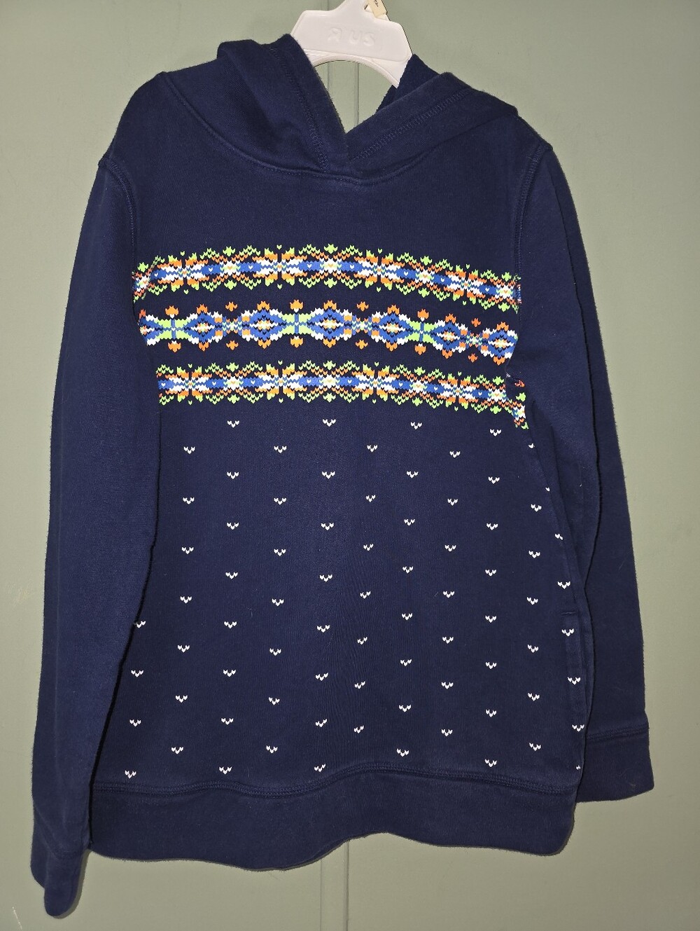 Girls Lands End Navy & Flourescent Design Hooded Sweatshirt. Med 10-12